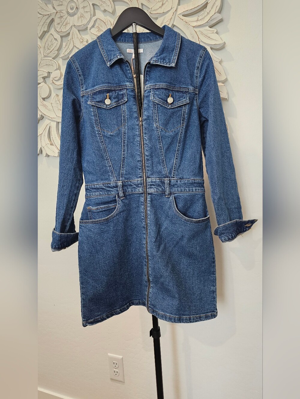 Gianni Bini Denim Long Sleeve Zip Front Blue Denim Dress Women's Sz Medium